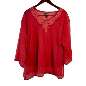 Uniti Casuals Vintage Peach Womens Blouse 1X Embroidered Flower Rhinestone Sheer